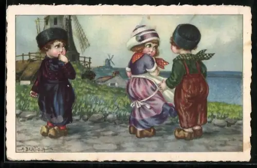 Künstler-AK A. Bertiglia: Holländische Frau und zwei Männer in Holzschuhen, Im Hintergrund Windmühlen