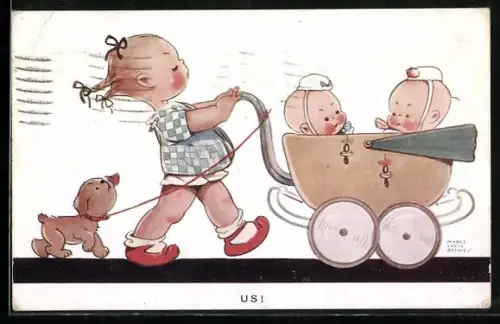 Künstler-AK Mabel Lucie Attwell: Us!, Mädchen mit Hund schiebt zwei Babys im Kinderwagen