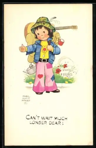 Künstler-AK Mabel Lucie Attwell: Tramperin mit Schlaghosen und Gitarre