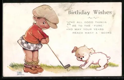 Künstler-AK Mabel Lucie Attwell: Kind beim Golfspiel mit Hund