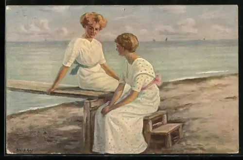 Künstler-AK sign. Arvid Aae: Sommeridyll, Damen in Sommerkleidern am STrand, Dänische Kunst