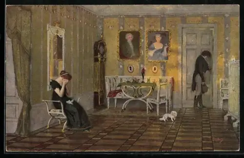 Künstler-AK Franz Skarbina: Sonnenuntergang, weinendes Mädchen und gehender Kavalier