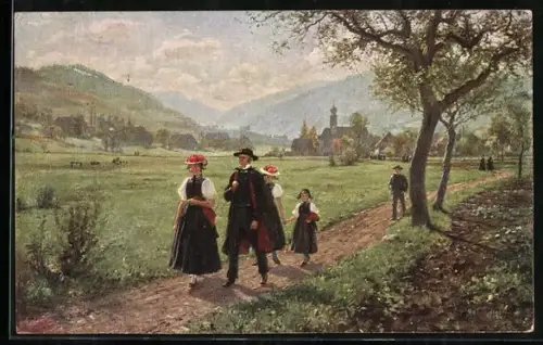 Künstler-AK W. Hasemann: Sonntag im Gutachtal, Mann und Frauen in Schwarzwälder Tracht gehen vor der Stadt spazieren
