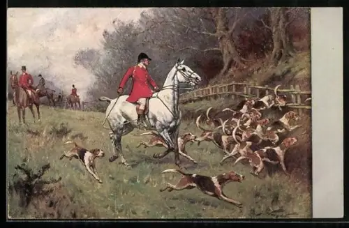 AK Jäger auf Pferden und Hundemeute