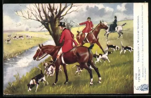AK Jäger bei der Treibjagd vor einem Fluss abwartend mit Hunden