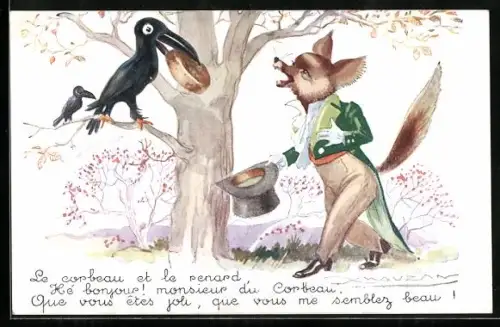 Künstler-AK Mauzan: In Frack gekleideter Fuchs schmeichelt einem Raben