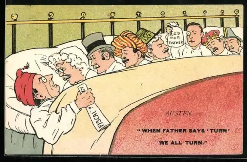 Künstler-AK Eine Reihe Staatsoberhäupter teilt sich ein Bett, When Father says `turn`, we all turn