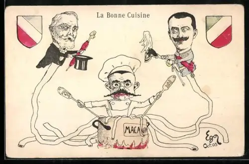 Künstler-AK Karikatur eines Kochs mit vielen Armen mit Loubet und Vittorio Emanuele III.