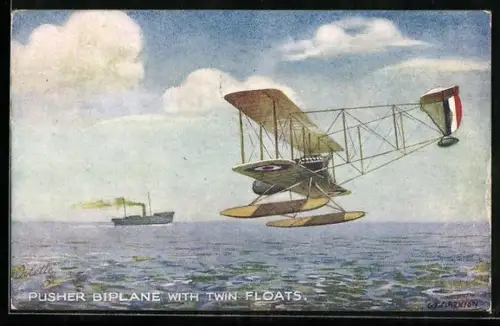 Künstler-AK Pusher Doppeldecker-Wasserflugzeug über dem Meer