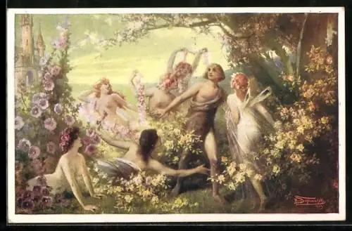 AK Parsival, Jüngling zwischen jungen halbnackten Grazien mit Blumen