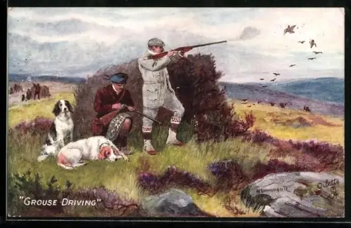 Künstler-AK Grouse Driving, Jäger schiesst auf Federwild