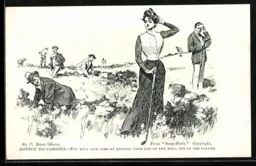 AK Golfspieler suchen den Golfball und werden dabei von einer schönen Frau abgelenkt