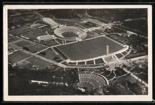 AK Berlin, Olympiade 1936, Dietrich-Eckardt-Bühne, Fliegeraufnahme des Reichssportfelds