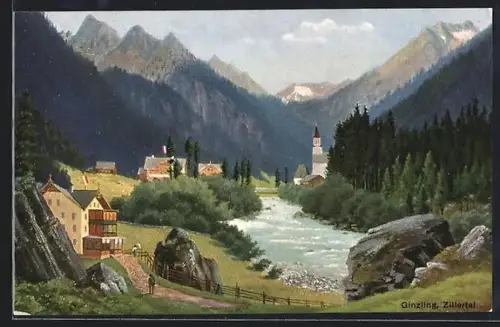 AK Ginzling, Blick aus der Ferne auf den Ort