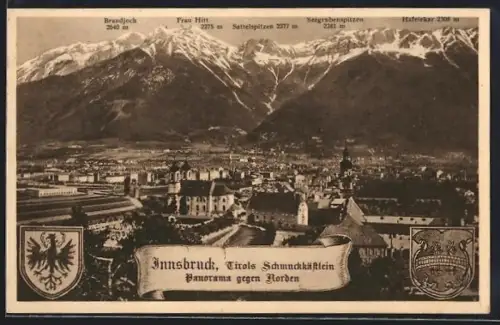 AK Innsbruck /Tirol, Panorama gegen Norden mit Brandjoch, Frau Hitt und Hafelekar