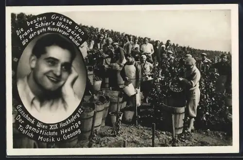 AK Wien, Gasthaus Weingarten Franz Schier, Hackhofergasse 12, Weinbauern bei der Arbeit