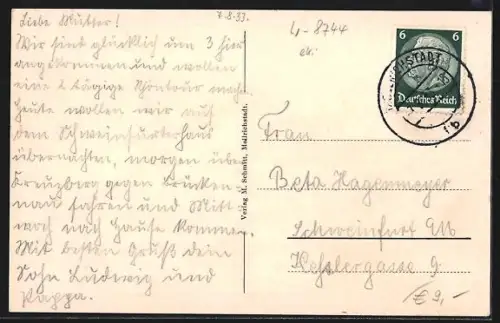 AK Mellrichstadt, Ortsansicht mit Kirche und Feldweg