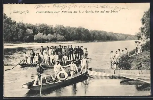 AK Dillingen /D., Pionier-Übung einer Abteilung des k. 2. Chevlg. Rgt. auf der Donau