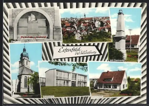 AK Estenfeld bei Würzburg, Denkmal, Kirche, Schulhaus, Pfarrhaus