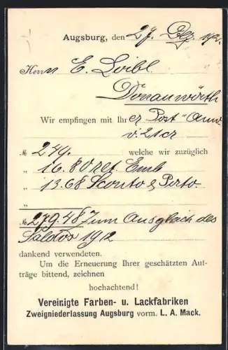 AK Augsburg, Korrespondenzkarte Vereinigte Farben- u. Lackfabriken, Zweigniederlassung Augsburg