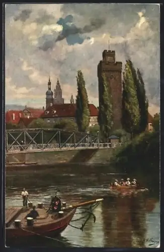 AK Heilbronn, Neckarpartie mit Brücke und Götzenturm