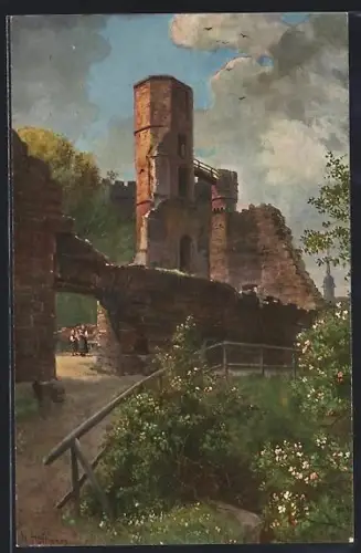 Lithographie Dilsberg, Burgruine Dilsberg, Turm und Mauerrest