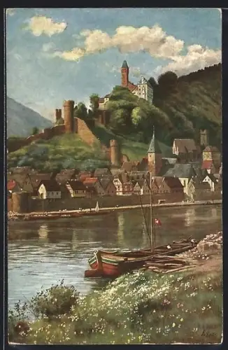 AK Hirschhorn am Neckar, Burg, Stadtansicht, Neckarufer