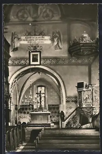 AK Oberlauringen /Ufr., Evang.-Luth. Kirche, Innenansicht mit Altar und Kanzel