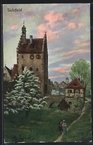 Künstler-AK Sulzfeld / Main, Stadttor und Fachwerkhaus