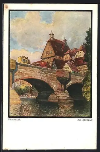 Künstler-AK Prentzel: Besigheim / Neckar, Brücke und Gebäude am Ufer