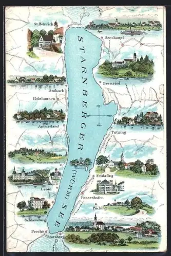 AK Starnberg / Starnberger See, Ansichten von St. Heinrich, Seeshaupt, Bernried, Tutzing, Feldafing, Possenhofen, Leoni