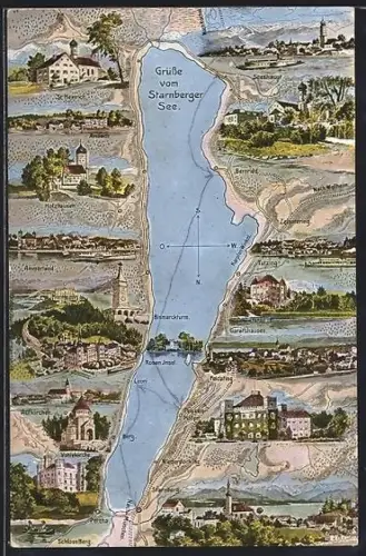 AK Berg / Starnberger See, Schloss Berg, Roseninsel, Gasthaus zur Post