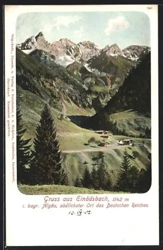 AK Einödsbach, Blick auf das Dorf und umliegende Berge im Allgäu