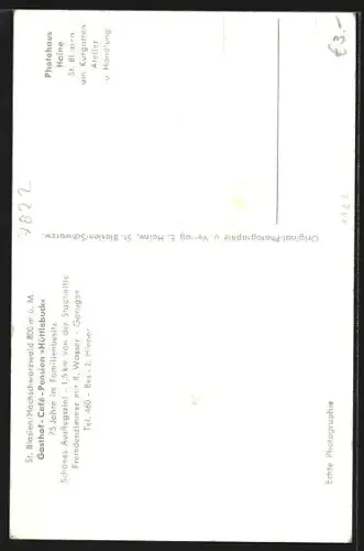 AK St. Blasien /Hochschwarzwald, Gasthof und Café Hüttlebuck, Bes. J. Hiener