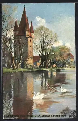 Künstler-AK Augsburg, Fünfgradturm mit Fluss