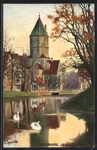 Künstler-AK Augsburg, Schwanenteich mit Jakobertor