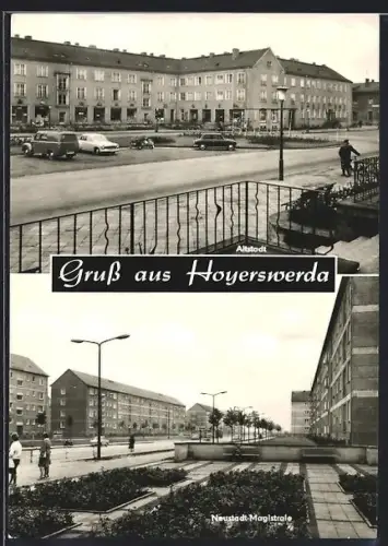 AK Hoyerswerda, Partie aus der Altstadt, Neustadt-Magistrale mit Rabatten