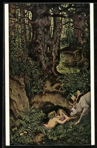 Künstler-AK Moritz von Schwind Nr. 2173, Nixen, einen Hirsch tränkend