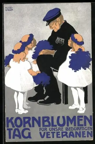 Künstler-AK Kornblumentag für unsere Veteranen, Mädchen schenken dem Veteran Kornblumen