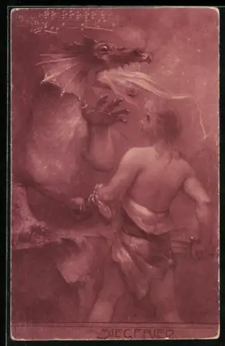 Künstler-AK Siegfried`s Kampf gegen den Drachen, Nibelungen