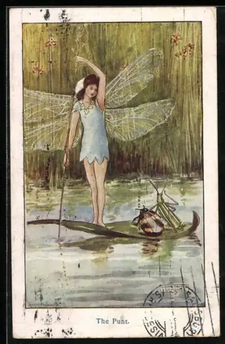 Künstler-AK sign. Constance Symonds: The Punt, Elfe mit Hummel und Heuschrecke