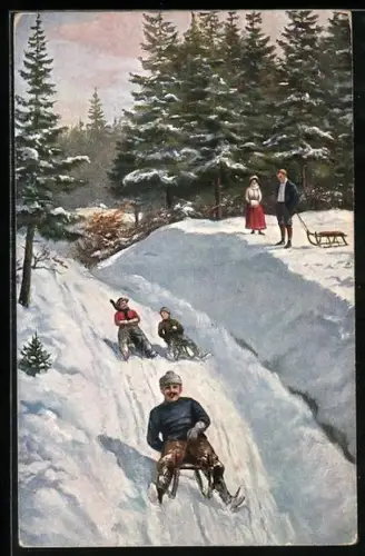 Künstler-AK Schlittenfahrt im verschneiten Wald