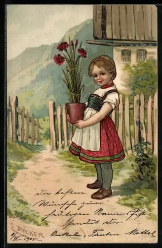 Künstler-Lithographie E. Döcker: Mädchen mit Topfpflanze