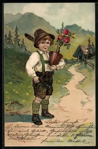 Künstler-AK E. Döcker: kleiner Junge in Tracht mit Rosentopf in Berglandschaft
