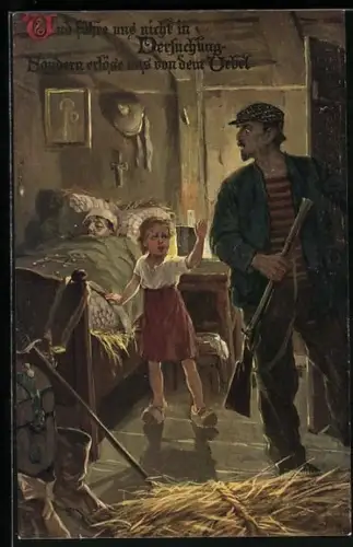 Künstler-AK Verletzter Soldat im Bauernhaus