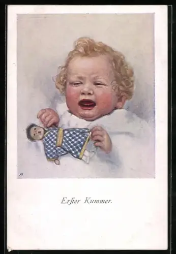 Künstler-AK M. Munk Nr. 923: Erster Jammer, weinendes Kind mit Puppe
