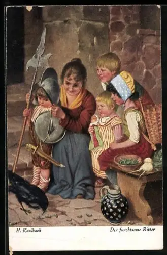 Künstler-AK Hermann Kaulbach: Kleiner Junge als Ritter verkleidet mit Mutter und Geschwistern blicken auf einen Raben