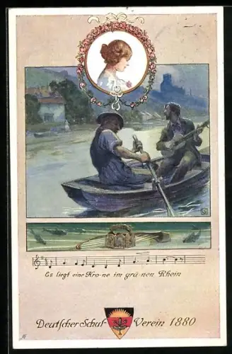 Künstler-AK Karl Friedrich Gsur: Deutscher Schulverein Nr. 91: Ruderpartie, Es liegt eine Krone im grünen Rhein, Noten