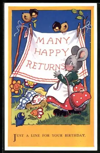 AK Just a line for your Birthday, Maus als Waschfrau