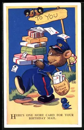Künstler-AK Violet Harford: Here`s one more Card for your Birthday Mail, Teddy als Briefträger
